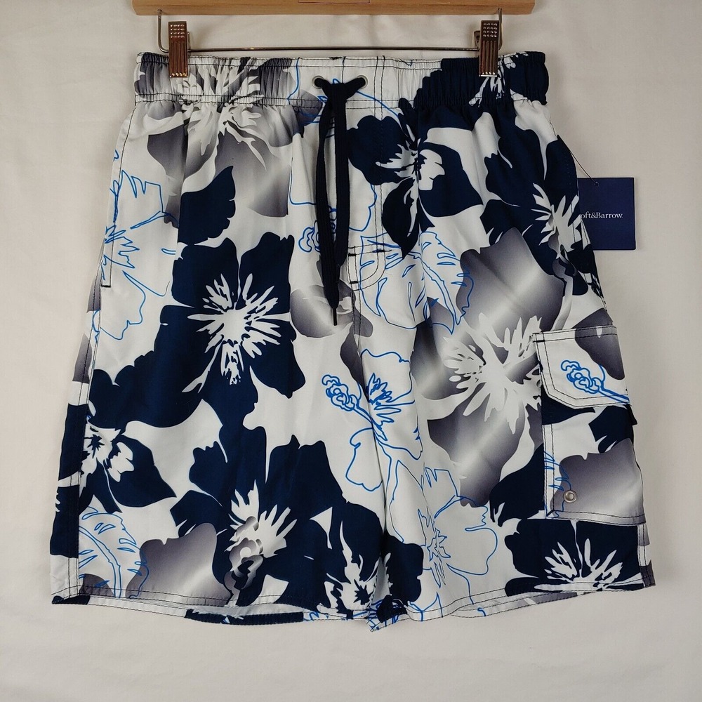 NWT Croft & Barrow Swim Trunks Mens Small White Blue Floral Brief Lined Shorts‎